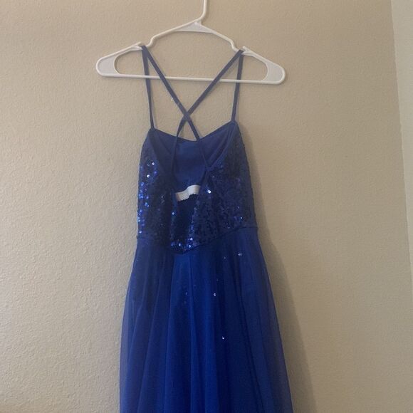 Blue dance sequined leotard with blue chiffon attached skirt - Picture 4 of 4